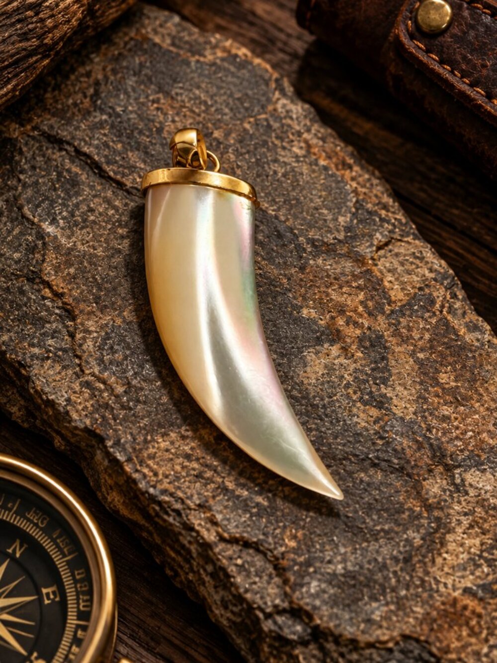 Vintage Mother of Pearl Horn Tooth Pendant Gold Tone Cap